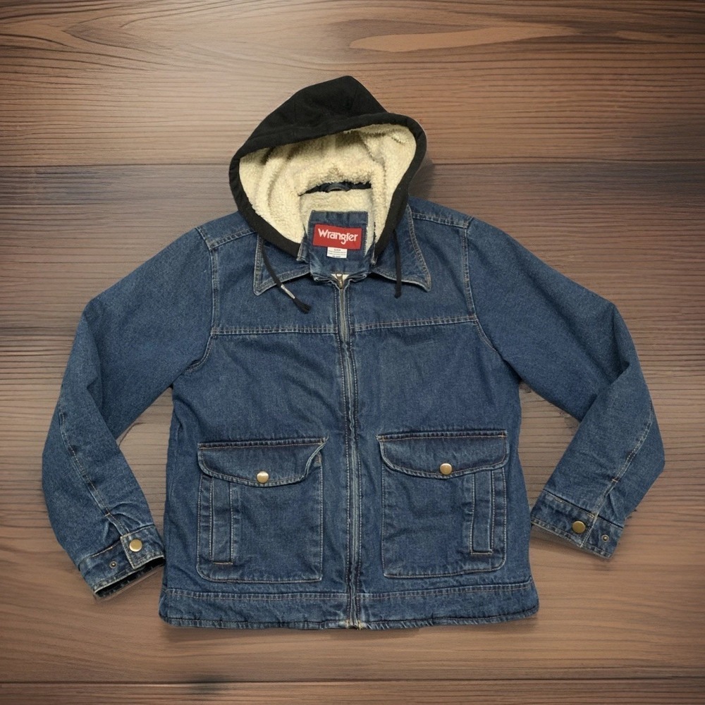 Vintage Wrangler Denim Jacket Flannel Sherpa Lined Hooded Chore Barn Men's Small